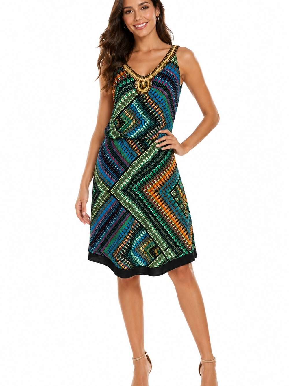 Dress Barn Sleeveless V-Neck Geometric Midi Dress in Green, Blue & Orange